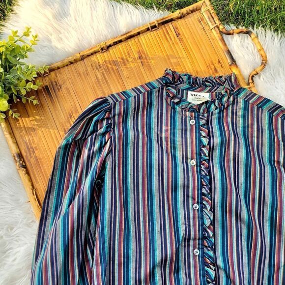 Vtg Ruffle Detail TRY 1 Striped Multicolored Secretary Style Shirt. Sz S Fit - Picture 12 of 12